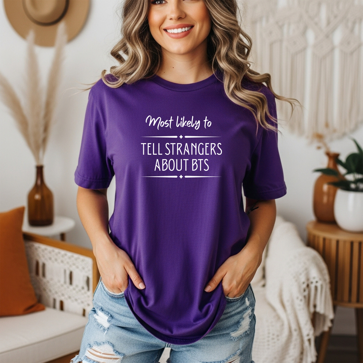 "Most Likely to Tell Strangers About BTS" Funny ARMY Fan T-Shirt – Unisex Gildan 5000 Tee