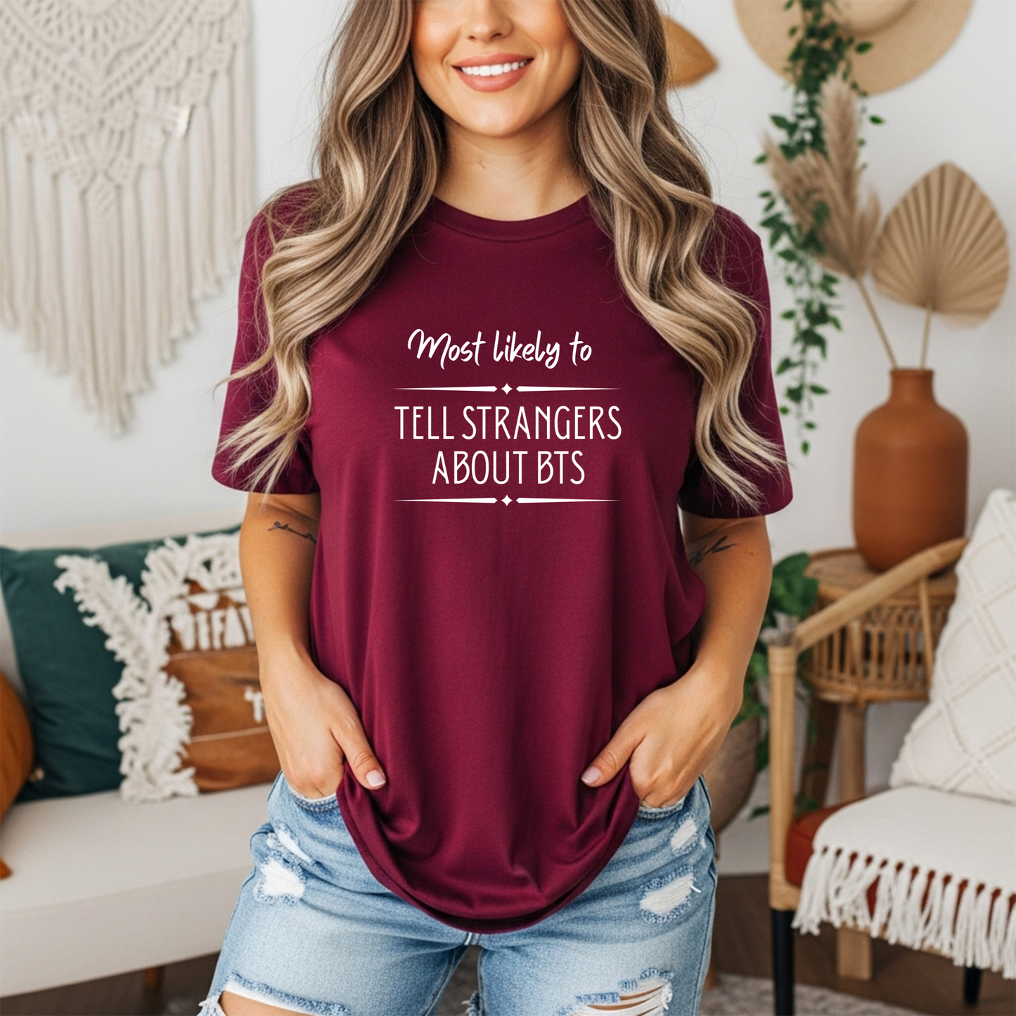 "Most Likely to Tell Strangers About BTS" Funny ARMY Fan T-Shirt – Unisex Gildan 5000 Tee