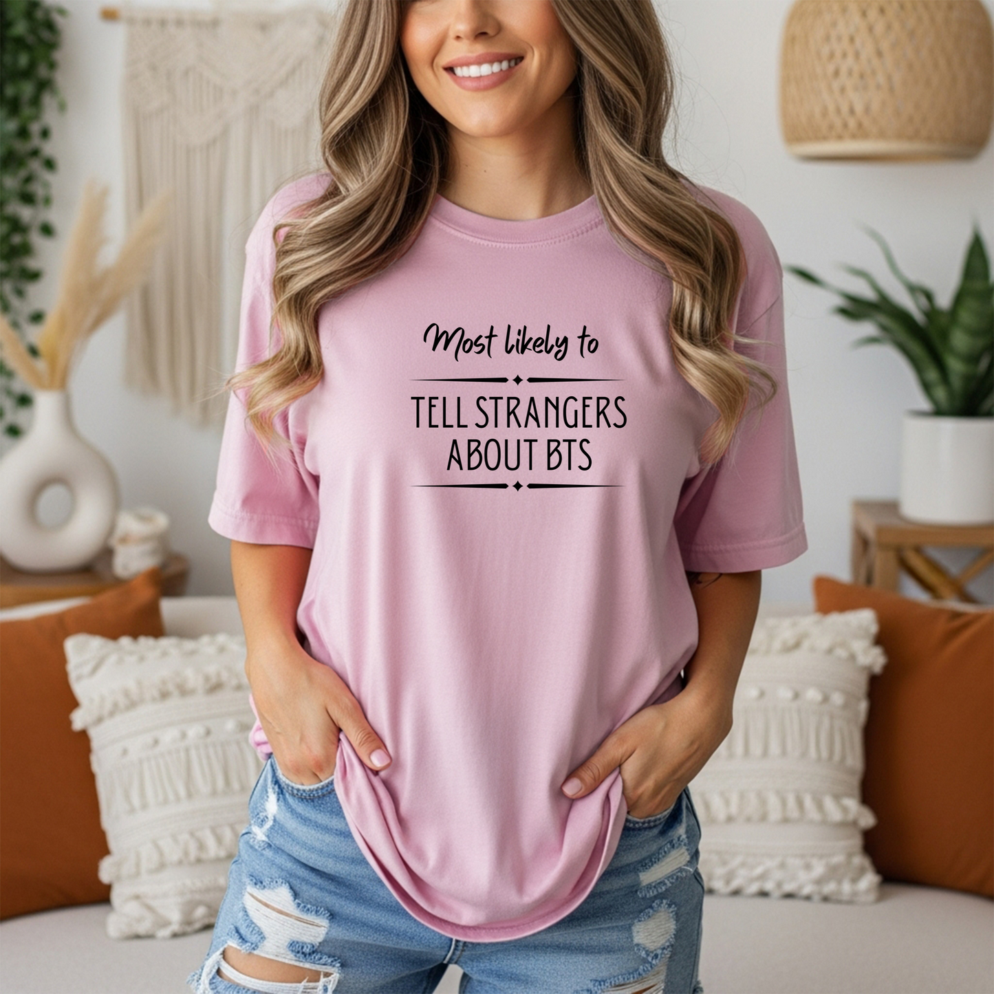 "Most Likely to Tell Strangers About BTS" Funny ARMY Fan T-Shirt – Unisex Gildan 5000 Tee