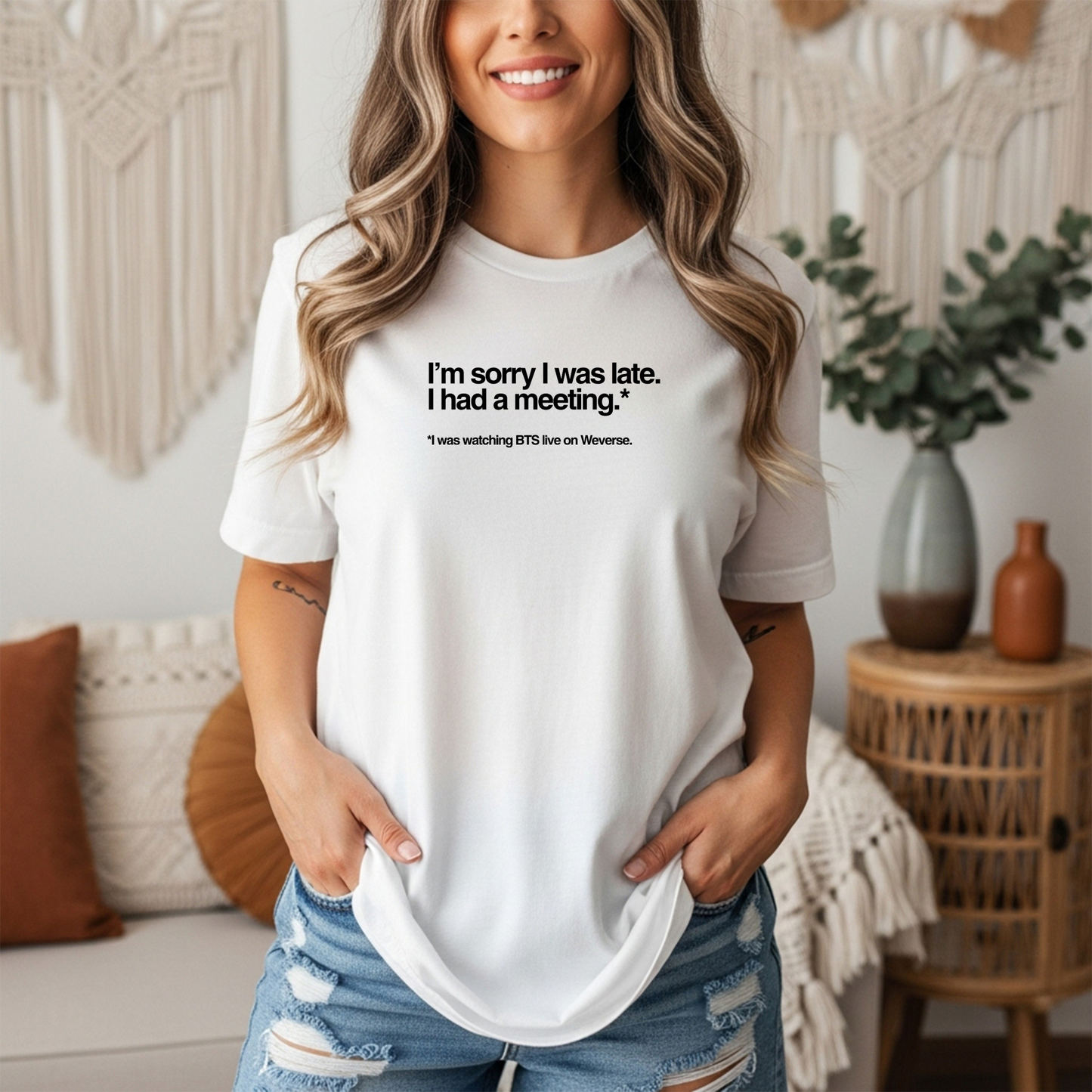 “I’m Sorry I Was Late, I Was in a Meeting – Watching BTS Live on Weverse” T-Shirt | ARMY Fan Tee