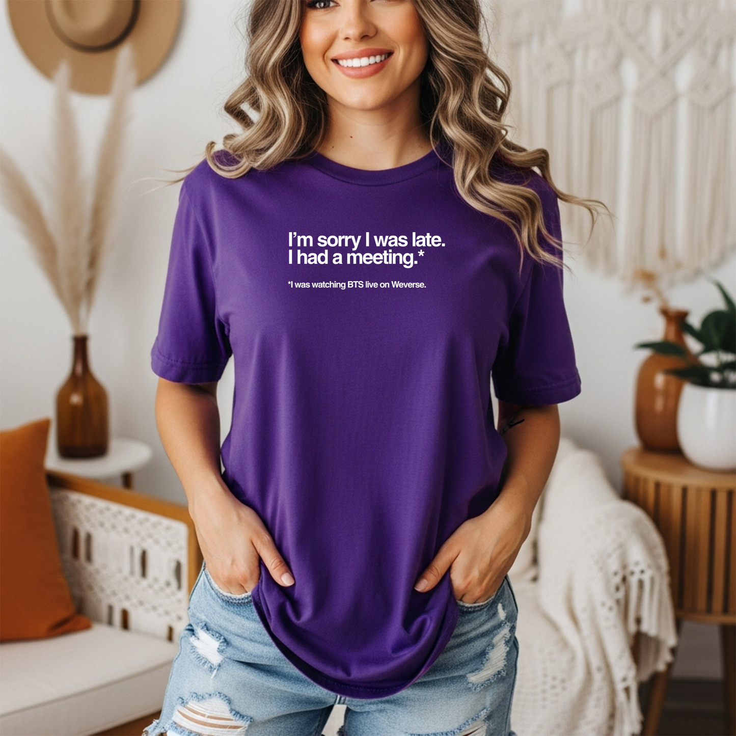 “I’m Sorry I Was Late, I Was in a Meeting – Watching BTS Live on Weverse” T-Shirt | ARMY Fan Tee