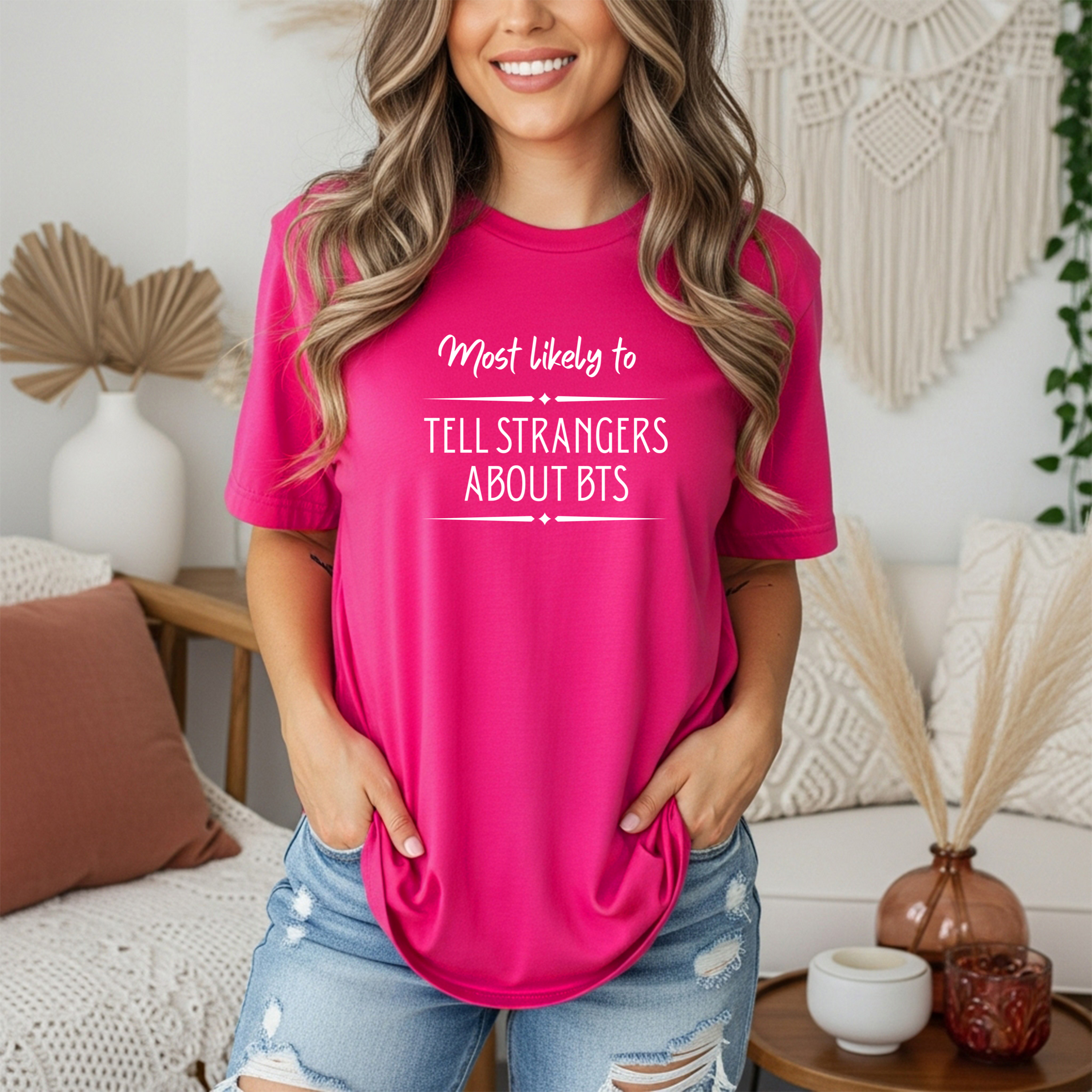 "Most Likely to Tell Strangers About BTS" Funny ARMY Fan T-Shirt – Unisex Gildan 5000 Tee