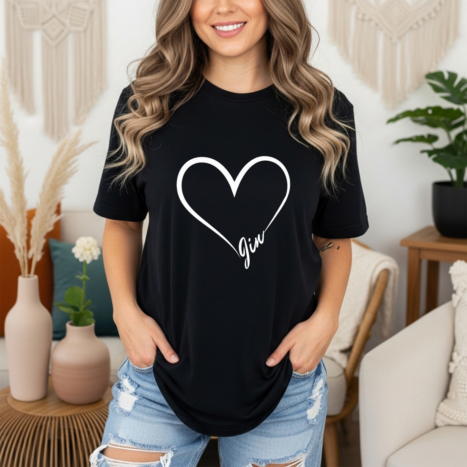 JIN of BTS Minimalist Heart Outline T-Shirt